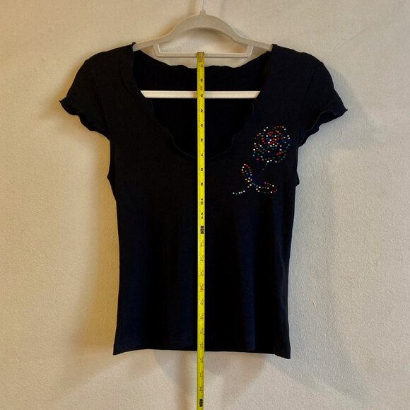Black Graphic Rhinestone Cap Sleeved V-neck Shirt Size S - Picture 7 of 9